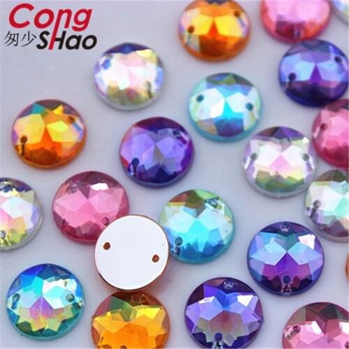 Cong Shao 200PCS 12mm AB Colorful Round stones and crystals flatback Acrylic Rhinestone trim sewing 2 Hole costume Button CS327