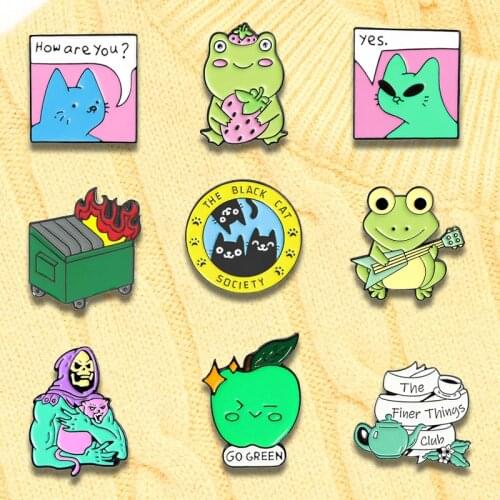 Custom frog Save the Earth witch Hat Curious cat Enamel Pins Demon skull Brooches Bag Lapel Pin Badge Jewelry Gifts for children