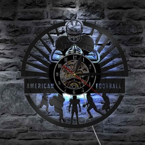Football Player Wall Clock American Football Players Vinyl Record Wall Clock For Kids Room Decor 3D LED Light Football Fan Gift
