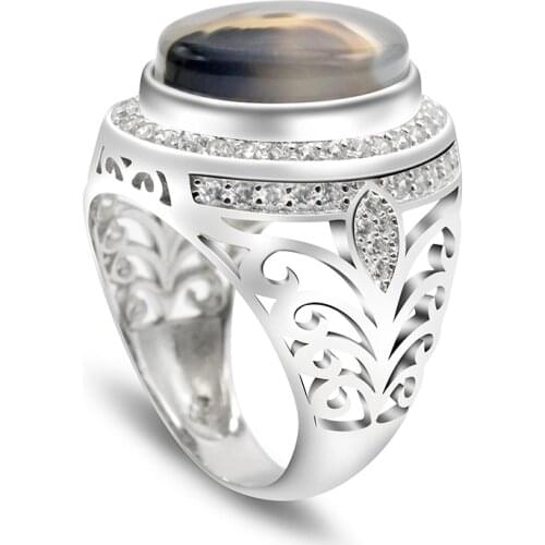 Oval Natural Agate Stone 925 Sterling Silver Mens Ring Hollow Design Fashion Popular Mens Gemstone Jewelry Ring Gift
