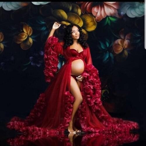 Pretty Ruffles Tulle Long Red Maternity Dresses To Photoshoot Pregnant Woman Dress With Full Sleeves Long Robe