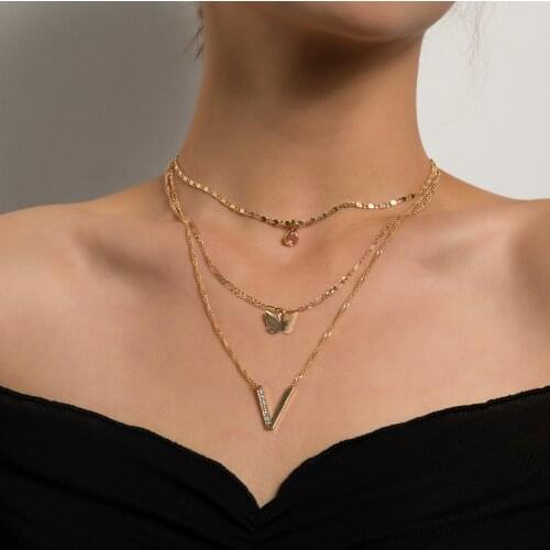 Multi-layer Trendy Crystal Letter Butterfly Pendant Necklace For Charm Women Personality Pendant Short Choker Necklace