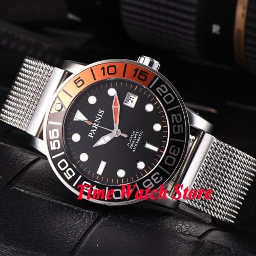 Parnis 42mm 21 jewels MIYOTA 821A black dial luminous sapphire glass metal strap Automatic wrist mens watch men 370