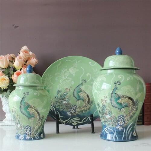 A set Vase Chinese ceramic ginger jar Antique Porcelain chinese temple jar Green wholesale ceramic jar jar decoration