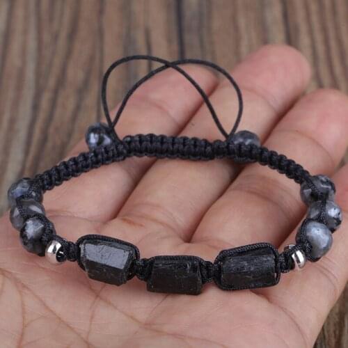 Hot Natural Rough Black Tourmaline Healing Stone Bead Chunky Labradorite Nylon Rope Adjustable Weave Bracelet Woman Man