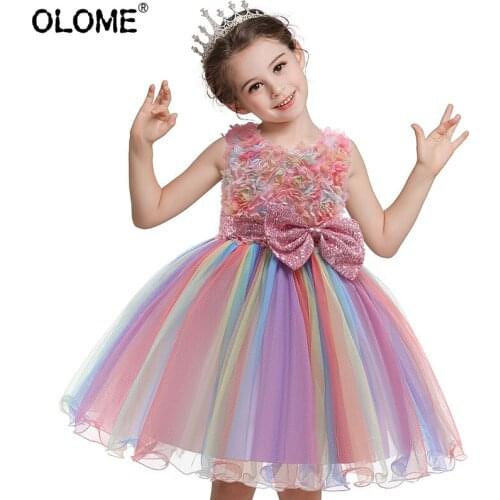 OLOME Girls Evening Dress Big Bow Kids Ball Grown Skirts Fashion Wedding Party Children Clothing Sweet Princess Costume Baptism