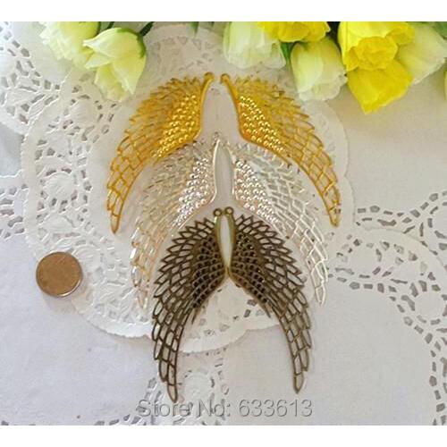 Free ship 100pcs/lot 37*110mm antique bronze/silver/gold plated wings metal pendant - filigree stamping base for jewelry making