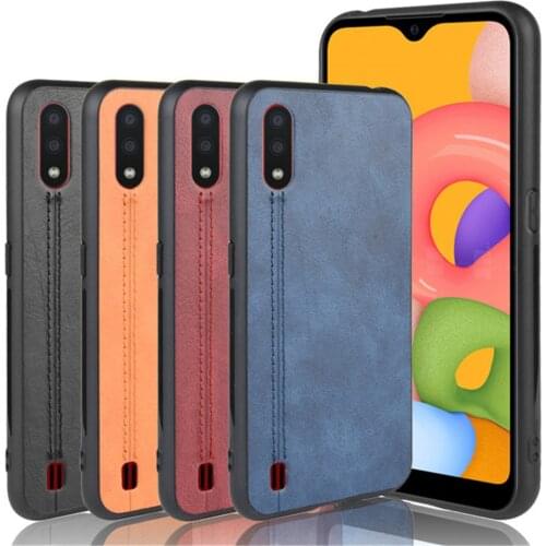 For Samsung Galaxy A01 Luxury Calfskin PU Leather lines Hard Back Cover Case For Samsung A01 A 01 A015F SM-A015F/DS Phone Case