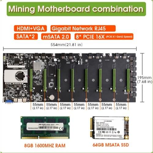 BTC-D37 55mm Spacing Riserless Mining Motherboard 8 GPU Bitcoin Crypto Etherum Mining Set 8GB DDR3 1600MHz RAM 64GB mSATA SSD