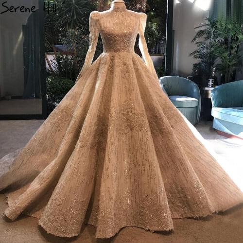 Serene Hill Muslim Ivory Luxury Wedding Dresses 2021 Beading Puffy Sleeves Bride Dress HA2485 Custom Made