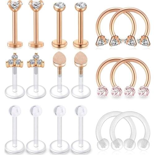 18pcs Tragus Daith Helix Earrings Lip Lebret Studs Horseshoe Hoop Cartilage Earrings Cubic Zirconia Clear Retainer Body Piercing