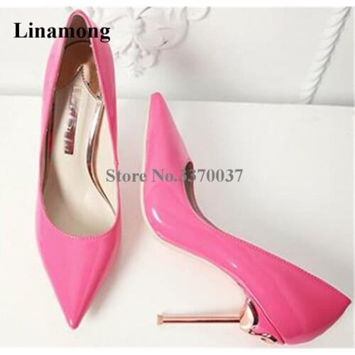 Women Hot Selling Pointed Toe Patent Leather Metal Stiletto Heel Pumps Charming Pink Black Red 10cm High Heels Wedding Shoes