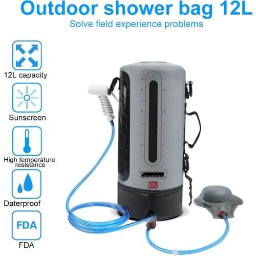 12L Outdoor Shower Bag Solar Heated Hiking Picnic Camping Shower Bag with Pressure Foot Pump and Shower Nozzle Water Bags