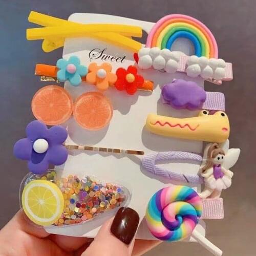 6/7/8/9Pcs/set Girls Barrettes Cute Cartoon Animals Fruit Colors Hair Clips Kids Baby Flower Hair Ring Sweet Hair Accessories