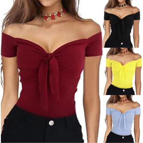 Off Shoulder T-Shirt Sexy Cotton Top Tees Women Crop Tops Deep V Neck Tops 2018 Summer T-Shirt Femme