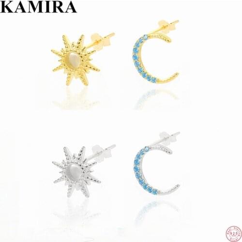 KAMIRA 925 Sterling Silver Fashion Cute Star Moon Blue Zircon Stud Earrings for Women Teen Party Gothic Fine Jewelry bijoux luxe