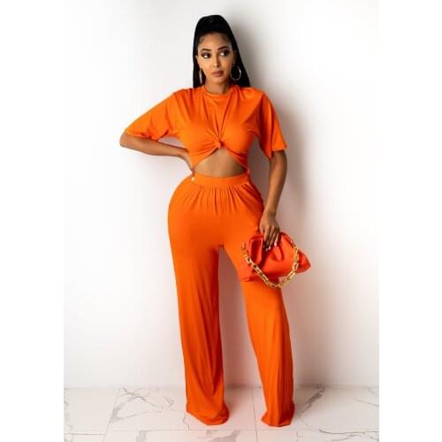 2020 Best Quality Famous Brand 2 pcs Women Set Solid O-neck Short Sleeve Short Tops Straight Long Pants Casual Outfits