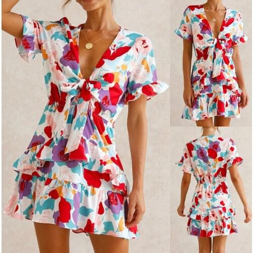 2021 Spring And Summer New Womens Fashion Retro Bow Short-sleeved Print Stitching Ruffled Temperament Commuter Dress Skirt Y2K