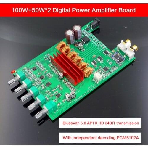 100W+50W*2 Digital Power Amplifier Board DC12-24V TPA3116 Subwoofer Power Amplifier with Bluetooth 5.0 APTX HD Lossless Decoding