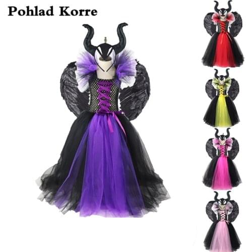 3Pcs Black Evil Witch Queen Dress Girls Tutu Dress Horn Wings Kids Halloween Costume Cosplay Carnival Party Girls Dresses XX062