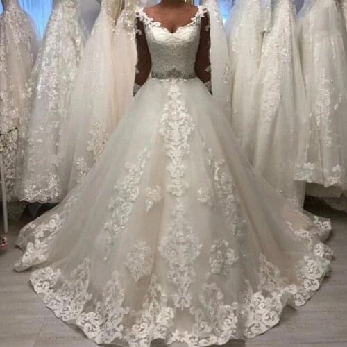 ANGELSBRIDEP V-Neck Tulle Ball Gown Wedding Dress Robe De Mariee Fashion Long Sleeves Applique Sash Crystals Formal Bride Dress