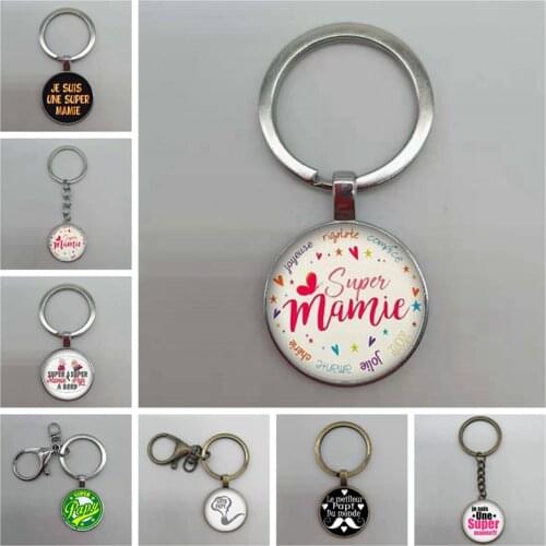 2020 New Super Mami Pattern Keychain Round Glass Pendant Convex Super Papy Keyring Jewelry Mother Bag Charm Gift Father Memorial