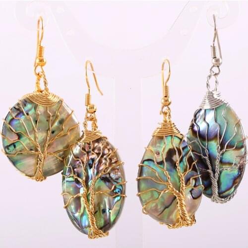 Tree of Life -Gold Wire Wrap Women Jewelry Natural Oval Beads Blue Abalone Shell Dangle Earrings
