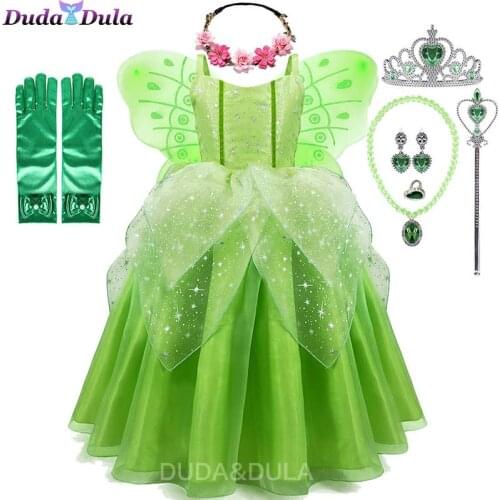 Fairy Tinkerbell Princess Dress Wings for Girl Fancy Dress Up Costume Flower Green Leaf Fairy Elves Cosplay Clohting