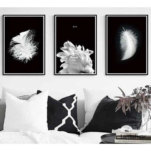 Feather Nordic Black and White Fine Canvas Art Poster Nordic Style Print Painting Abstract Wall Picture for Living Room Decor