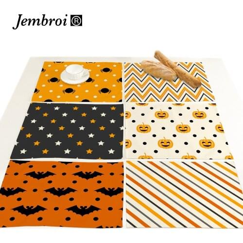 Halloween Faux Linen Geometric Table Mat Costers Bat Ghost Pumpkin Print Coffee Dining Table Cloth Nordic Tablecloth Placemat