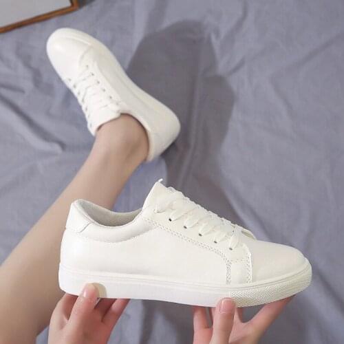 Women Sneakers White Vulcanized Shoes PU Leather Lace Up Feminino Zapatos De Mujer Platform Women Casual Flat Shoes NVX290