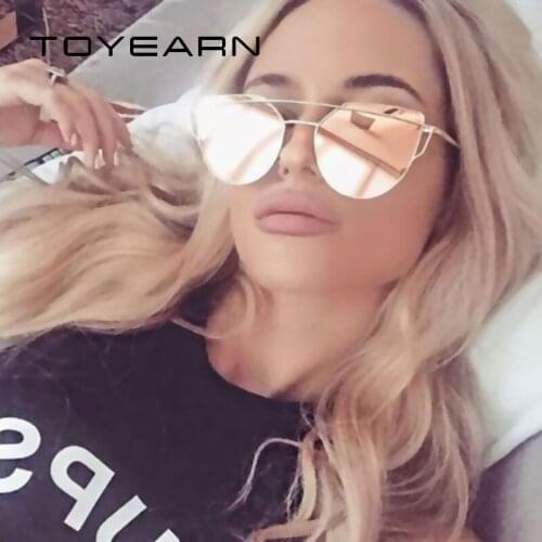 TOYEARN Fashion Vintage Ladies Cat Eye Sunglasses Women Men Brand Designer Rose Gold Twin-Beam Mirror Sun Glasses For Female