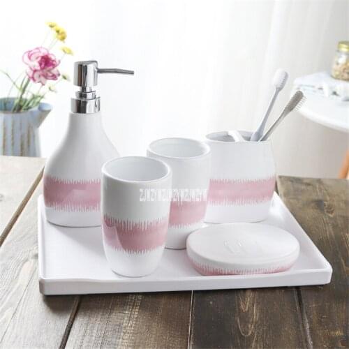 AA481 Washing Suit Ceramic Bathroom Set Supply Accessory Six-Piece Kit Lotion Bottle/Toothbrush Cup/Tooth Mug/Soap Dish/Tray