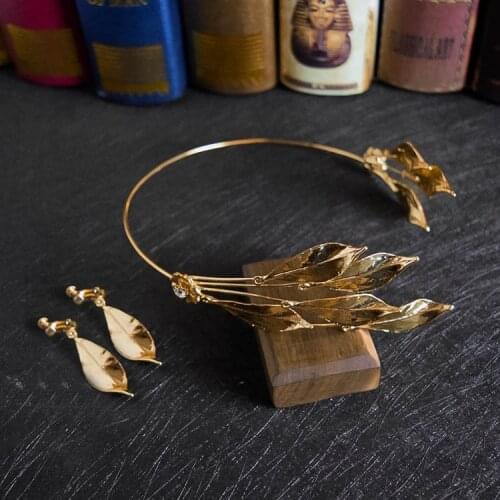 Gold Leaf Crown & Earring Sets Wedding Tiara Headband Rhinestone Bridal Hair Piece Accessories Women Prom Hairband Hair Crowns