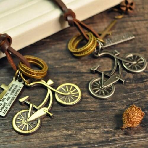 2016 New Trendy Brown Leather Chain Necklace Mens Punk Design Vintage Jewelry Antique Hollow bicycle Necklace Pendant Collier