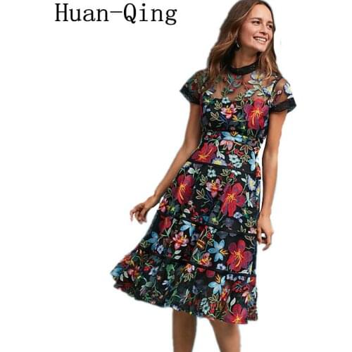 New Summer Runway Women Vintage Luxury Floral Embroidery Slim Party Dress Female Sexy Short Sleeve Vestidos Elegant Mesh Dresses