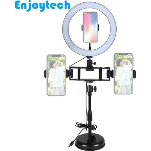 New Desktop Mount Stands with 2 Holders LED Ring Flash Lamp Light for Mobile Phones Tripod Bracket for Live Video Bloggers