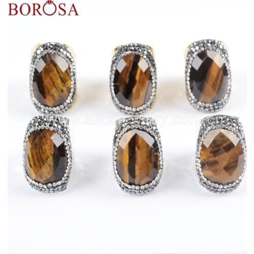 Gold Plated Silver Color Natural Faceted Tiger Eye Band Ring Paved Black Zircons Gems Stone Adjustable Rings Jewelry JAB949