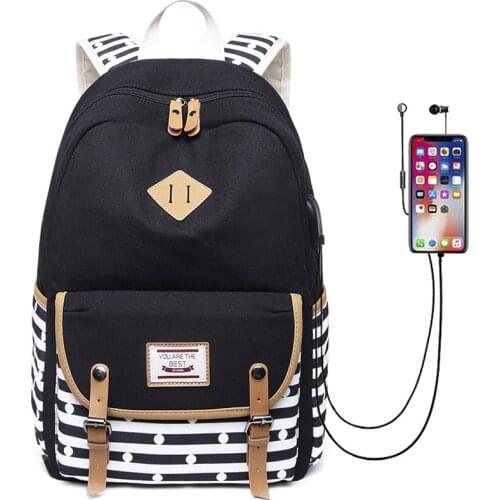 Women Striped Backpack Earphone Hole and USB Charging Port School Backpacks Laptop Bookbag Girls Casual Travel backpack