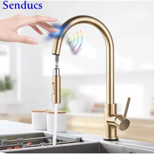Touch Kitchen Faucet Senducs Pull Down Brass Kitchen Sink Faucet Touching Gold Kitchen Mixer Tap Touch Bathroom Basin Faucets