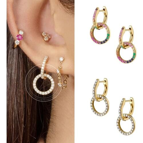 925 Silver Ear Buckle Circle Pendant Hoop Earrings for Women Luxury Rainbow Crystal CZ Earrings Fashion Temperament Jewelry Gift