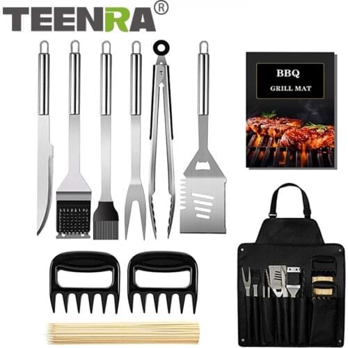 TEENRA Stainless Steel Barbecue Fork Brush Spatula Clip Tool Portable Barbecue Tool Set Aluminum Outdoor Cooking Tool