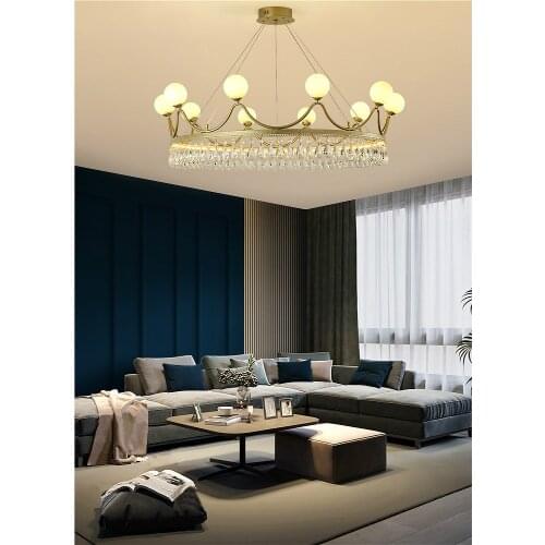 Modern luxury living room chandelier lighting Nordic golden round crystal crown pendant light bedroom dining room hanging lights