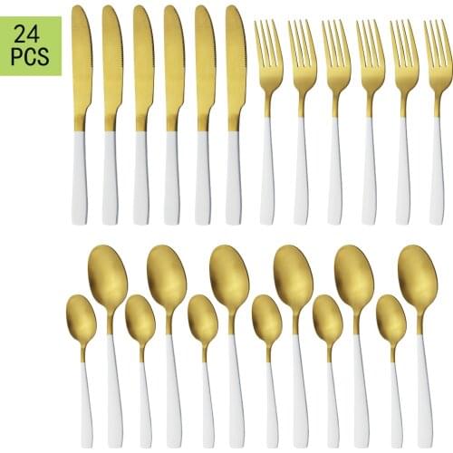 Dinnerware Stainless Steel Cutlery Dinner Knife Spoons Fork Dessert Spoons White Gold Western Sliverware Kitchen Tableware Set