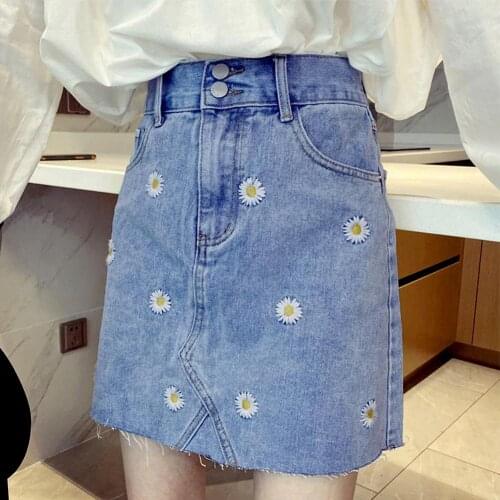 Plus Size Fashion Women Marguerite Embroidery High Waist A Line Loose Fashion Female Demin Mini Skirt Short