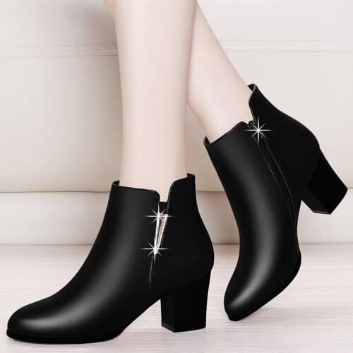 Women Chelsea Boots Winter Autumn Black Ankle Boots For Woman Thick Square High Heel Round Toe Genuine Leather Heels Shoes I0026