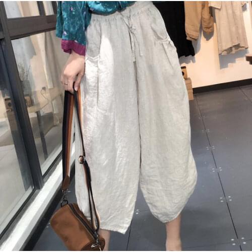 Women Loose Linen Solid Color Elastic Waist pants Ladies loose Summer Flax Pants Female 2021 Summer Vintage Trousers