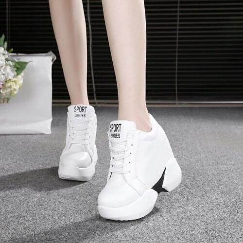 2019 Fashion Casual Shoes Women Spring Autumn High Top Hidden Heel 12cm Lace Up Lady Black/White Shoes Woman size 35-39