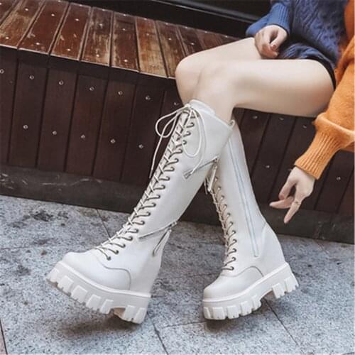 New Winter Women Knee High Boots Wedges High Heels 11CM Platform Lace Up Long Boots Plush Inside Warm Fur Shoes Motorcycle Boots