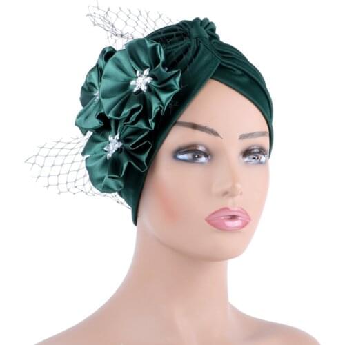 Elegant Women Flowers Turban Bonnet Muslim Headscarf Caps Party Headwear African Headtie Nigeria Female Top Hat Wedding Fashion